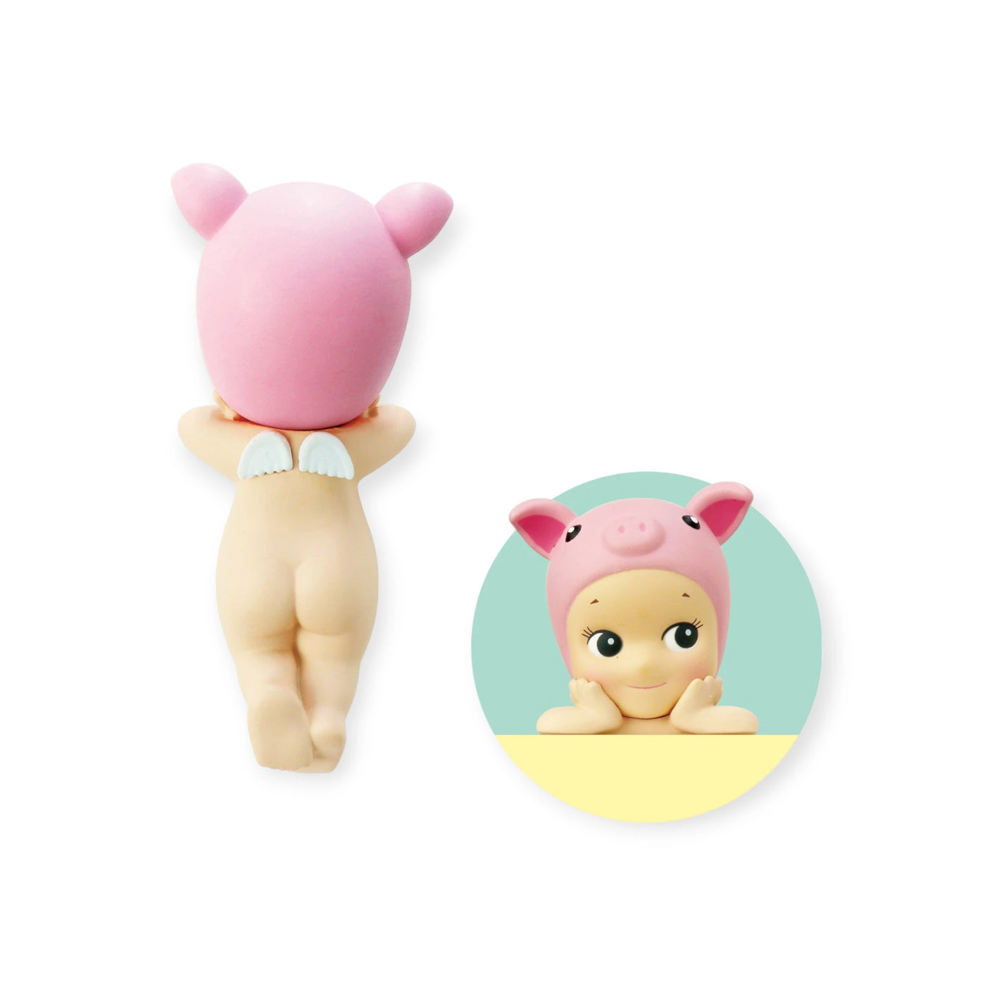 This Sonny Angel Hippers Blind Box - Animals doll by Sonny Angel, adorned with pink pig ears and a snout, showcases small white wings. The doll's unique design includes reusable adhesive for versatile attachment and display, allowing it to be viewed from behind on the left and front in a circular frame on the right.