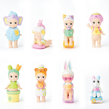 The Sonny Angel Home Sweet Home Series from Sonny Angel features a collection of eight vibrant baby figurines, each dressed in charming animal-themed costumes, providing cozy companions against a plain white background.