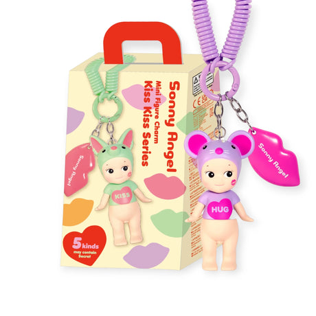 Sonny Angel's Kiss Kiss Series features toy figurines in animal hats and "KISS" or "HUG" shirts attached to keychains, arriving in a Sonny Angel Blind Box. The packaging showcases "Sonny Angel Mini Figure," spotlighting the delightful series.