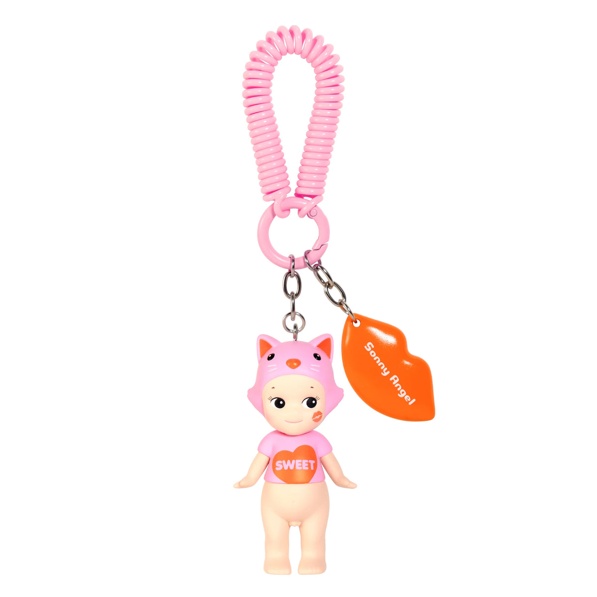 This charming pink keychain features a doll with a fox-eared hat holding a "Sweet" heart, along with a coiled strap and orange "Sonny Angel" tag, resembling treasures from the Sonny Angel Kiss Kiss Series - Blind Box.