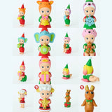 Assorted mini elf-themed vinyl figures with cone hats, shown standing together