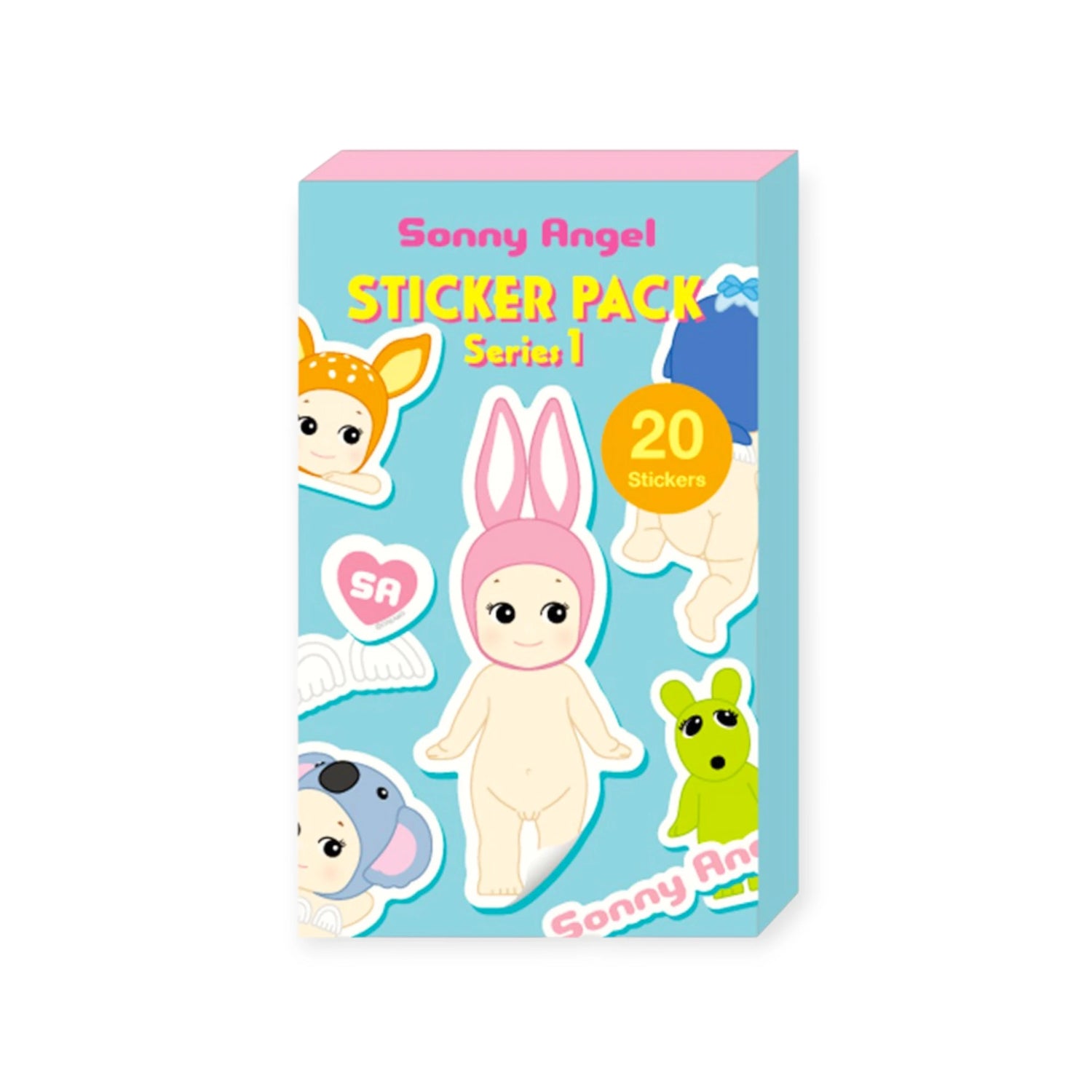 A delightful blue box titled "Sonny Angel Blind Box - Sticker Pack Series 1" by Sonny Angel features 20 water-resistant stickers, showcasing dolls wearing various animal-themed hats like rabbit and koala. These charming stickers are packaged in a Blind Box format, offering a surprise element to your collection.