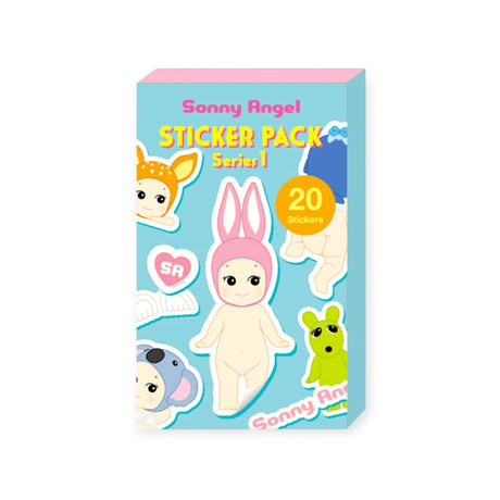 A delightful blue box titled "Sonny Angel Blind Box - Sticker Pack Series 1" by Sonny Angel features 20 water-resistant stickers, showcasing dolls wearing various animal-themed hats like rabbit and koala. These charming stickers are packaged in a Blind Box format, offering a surprise element to your collection.