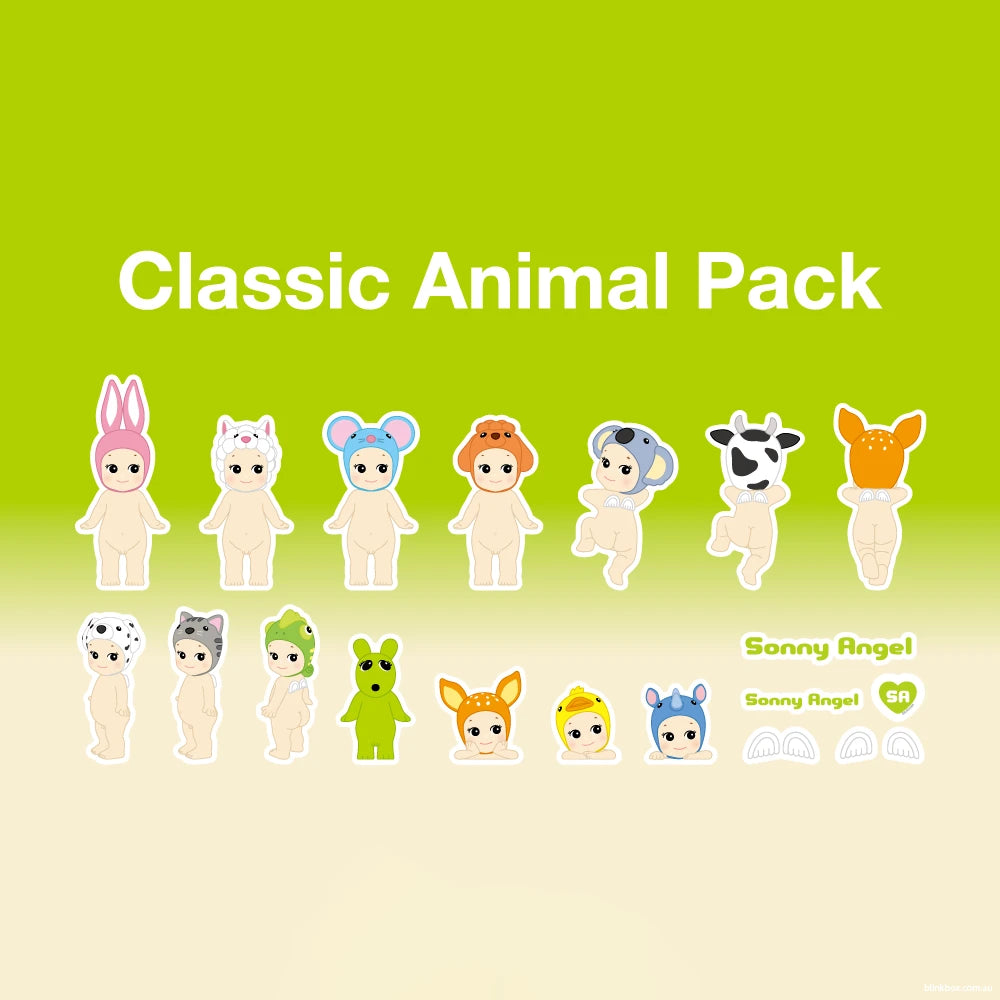 A display of Sonny Angel's Blind Box - Sticker Pack Series 1 collectible figures, each featuring a distinctive animal-themed headpiece and accompanied by Sonny Angel stickers. These figures are arranged in two rows against a green gradient background, providing a delightful surprise for enthusiasts of blind box collectibles.