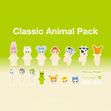 A display of Sonny Angel's Blind Box - Sticker Pack Series 1 collectible figures, each featuring a distinctive animal-themed headpiece and accompanied by Sonny Angel stickers. These figures are arranged in two rows against a green gradient background, providing a delightful surprise for enthusiasts of blind box collectibles.