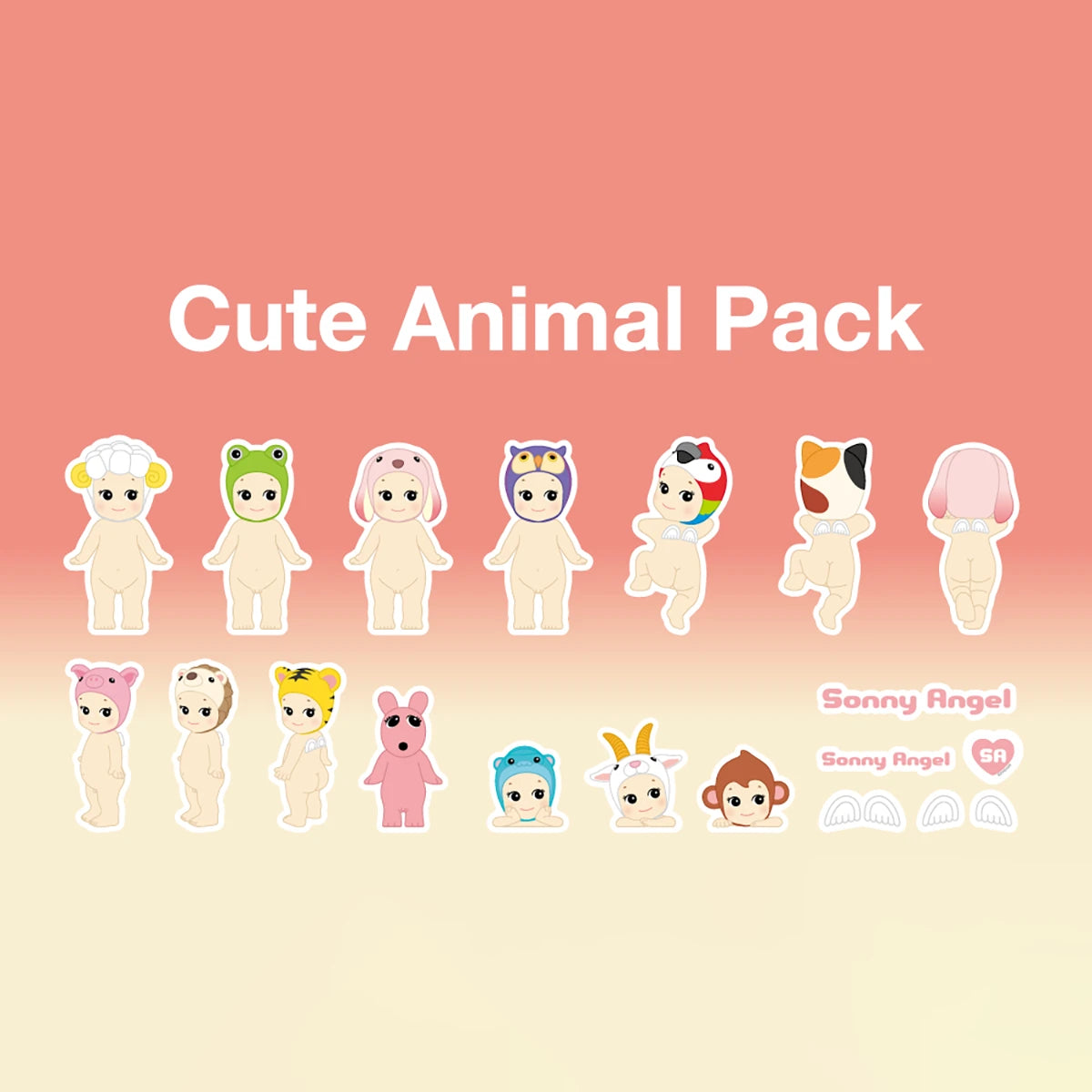 A series of figurines wearing animal-themed headgear is showcased against a gradient background, with the text "Sticker Pack Series 1" displayed prominently. Featuring the Sonny Angel branding in the lower right, these charming figures deliver a delightful Blind Box surprise experience waiting to be uncovered.