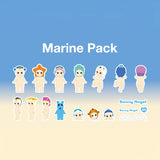 Get a set of collectible figurines from the Sonny Angel brand, each adorned with unique ocean-themed hats and presented on a gradient blue and beige backdrop. This "Marine Pack" also includes exclusive stickers from the Sonny Angel Blind Box - Sticker Pack Series 1.