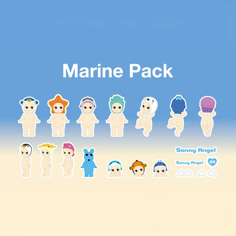 Get a set of collectible figurines from the Sonny Angel brand, each adorned with unique ocean-themed hats and presented on a gradient blue and beige backdrop. This "Marine Pack" also includes exclusive stickers from the Sonny Angel Blind Box - Sticker Pack Series 1.