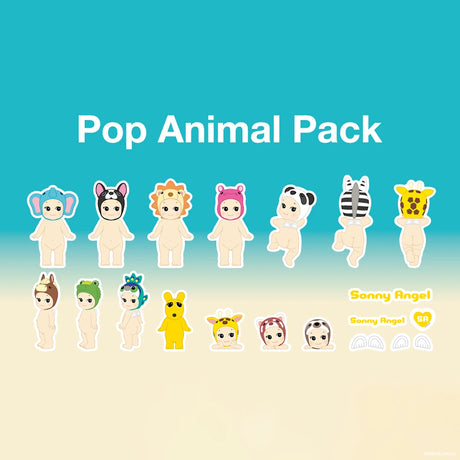 Explore the "Sonny Angel Blind Box - Sticker Pack Series 1" by Sonny Angel, featuring an array of charming figurines adorned with animal-themed hats like elephants, lions, and pandas. Enjoy the excitement of a blind box surprise while arranging these delightful figures in a row for display.