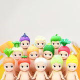 Rows of figurines wearing different vegetable-themed hats are displayed, each being a part of the Sonny Angel Vegetable Series Blind Box collection. Every figure showcases a distinct hat inspired by various vegetables or fruits, providing an element of delightful surprise similar to typical blind box figures.