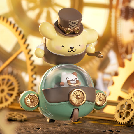 Sanrio character in brown steampunk hat floating above green vintage vehicle with small white figure inside surrounded by gears