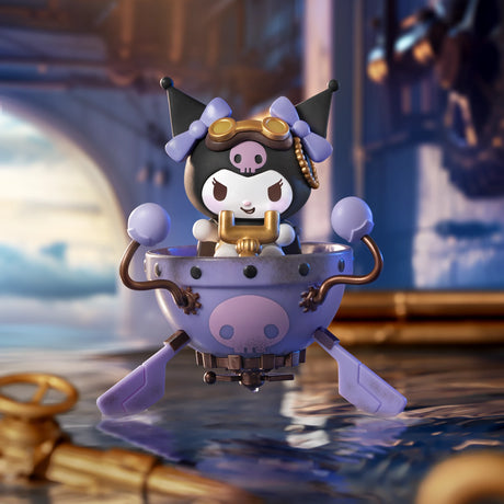 Kuromi Sanrio steampunk figure with goggles and bows piloting a purple mechanical flying device on water surface background