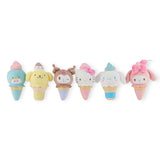 Hello Kitty & Friends Keychains designed like ice cream cones, showcasing various characters in unique colors and accessories, are arranged in a row.