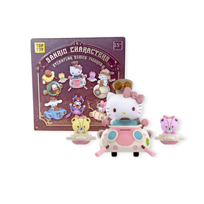 Hello Kitty Sanrio steampunk figure with pink bow and mechanical vehicle in front of decorative boxed set on white background