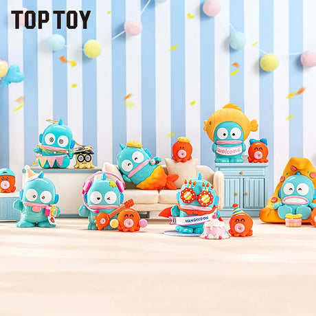Collection of turquoise cartoon characters and small orange creatures arranged with birthday cake and pastel furniture