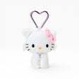 White plush kitty keychain with heart clasp, pink bow, silver charm
