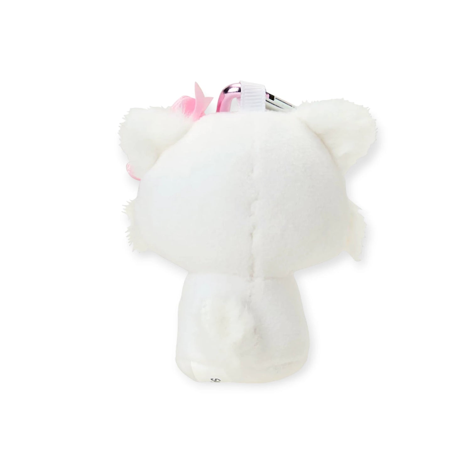 White plush cat keychain with heart clasp and pink bow detail