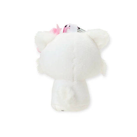 White plush cat keychain with heart clasp and pink bow detail