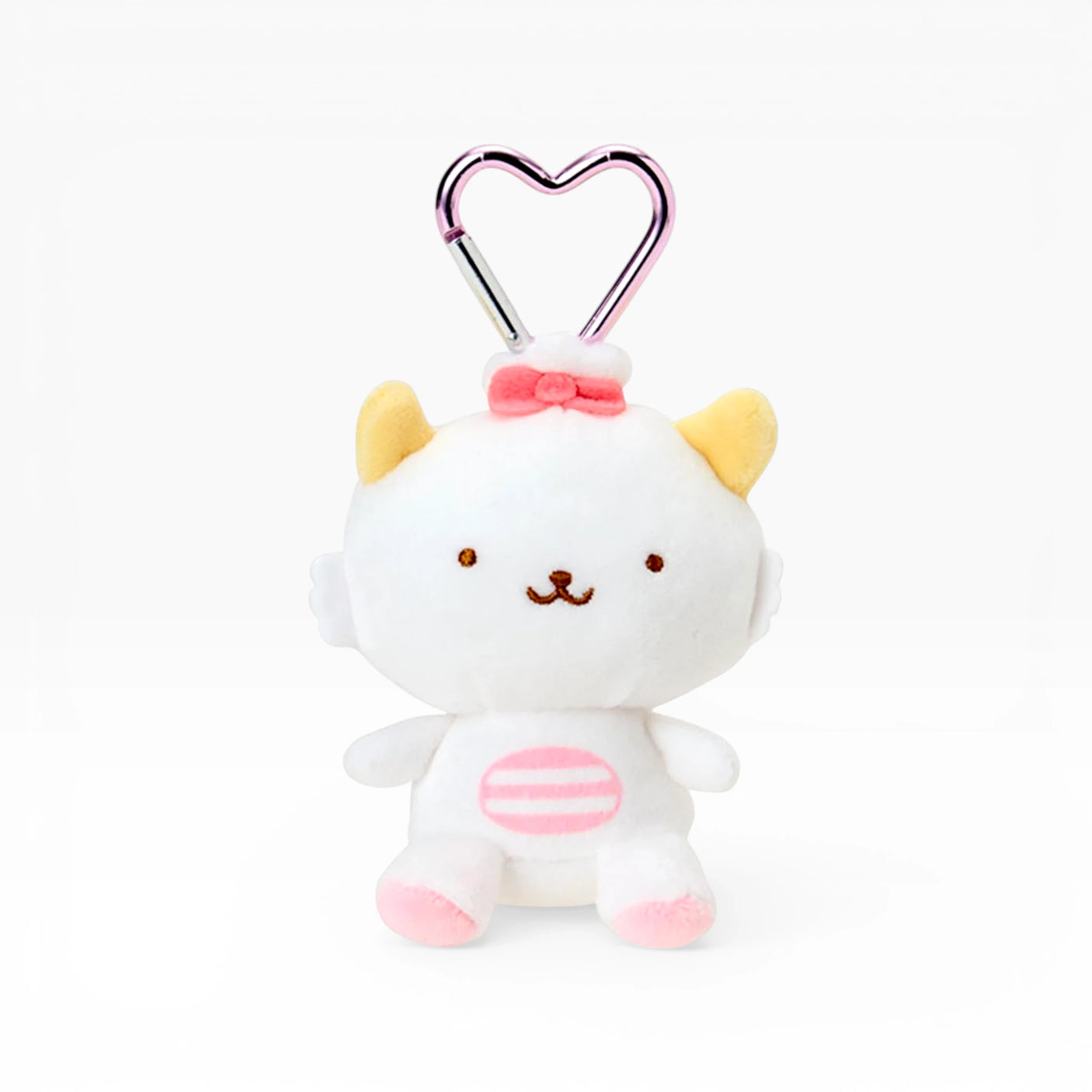 White plush cat keychain with heart clasp, pink striped belly and bow