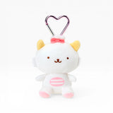 White plush cat keychain with heart clasp, pink striped belly and bow