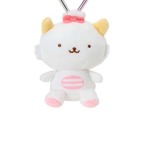 White plush cat keychain with heart clasp and pink bow on head