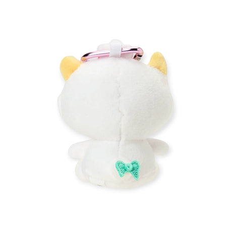 White plush cat keychain with pink heart clasp and green bow detail