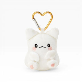 White plush keychain charm with gold heart clasp and smiling face, pink blush