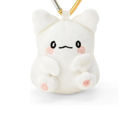 White plush keychain charm with gold heart clasp and cute closed-mouth face
