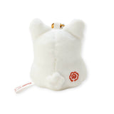 White plush heart-clasp keychain with red spiral detail and hanging strap