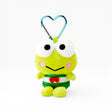 Green plush frog keychain with heart-shaped clasp, white face, red bow and striped outfit