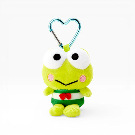 Green plush frog keychain with heart-shaped clasp, white face, red bow and striped outfit