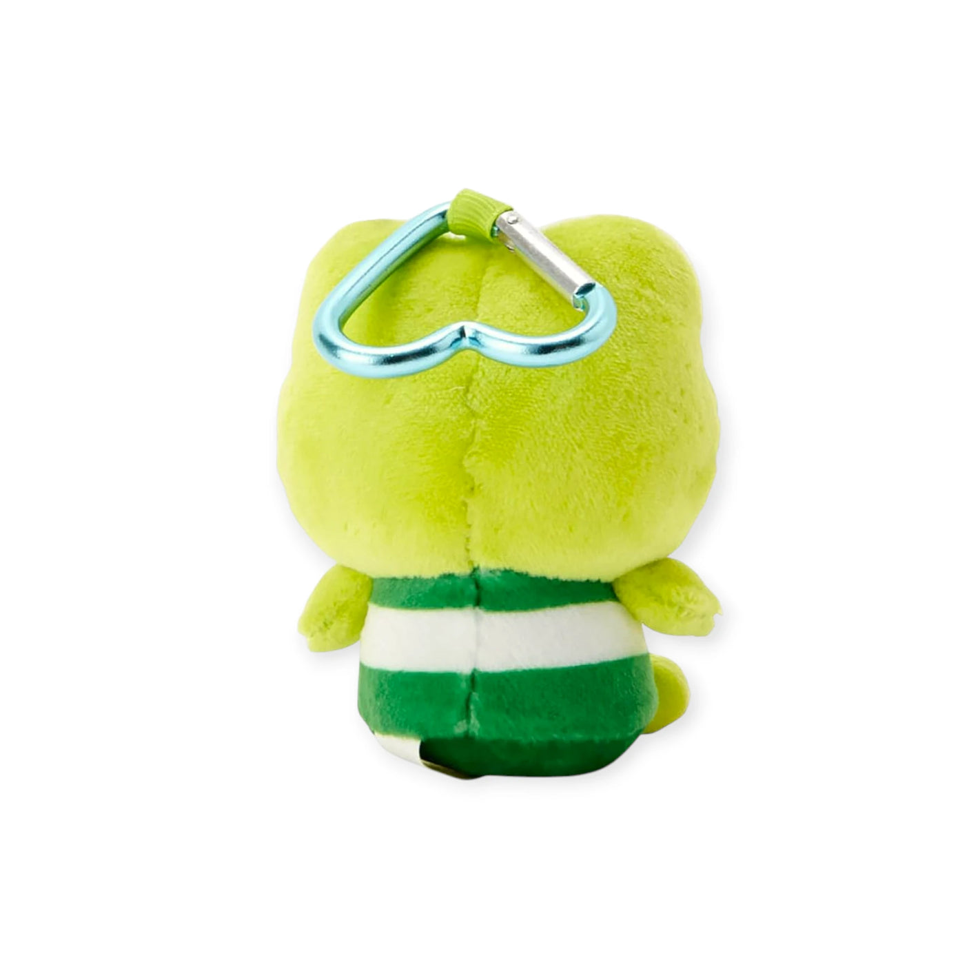Green plush frog keychain with heart-shaped clasp, small white belly and stripes