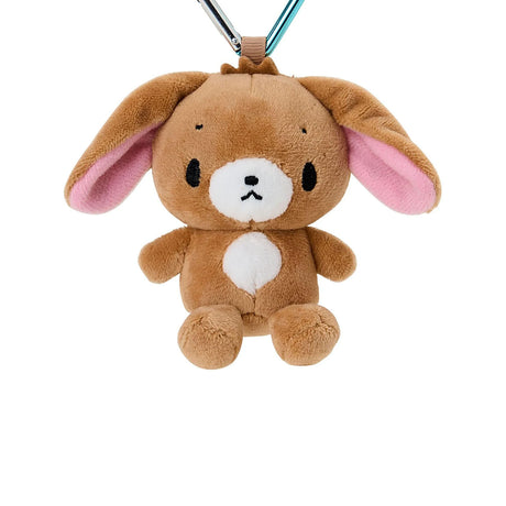 Plush brown bunny keychain with white muzzle, pink ears, and teal clip