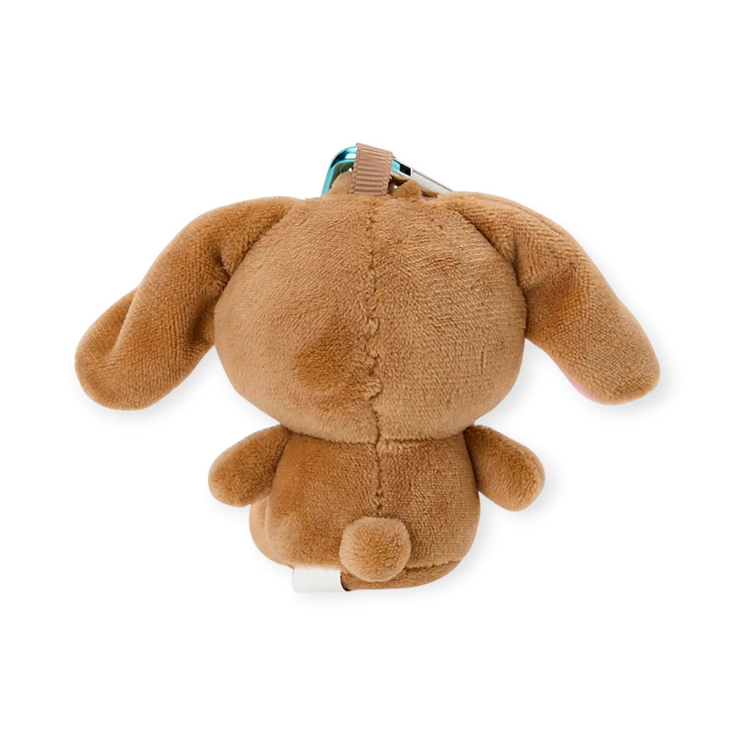Plush brown bunny keychain, back view with teal clasp and hanging strap