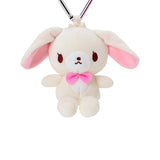 Sugarbunnies plush bunny keychain, front view with heart clasp and pink bow