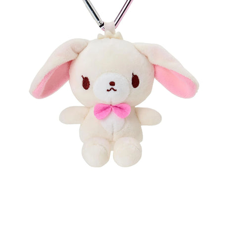 Sugarbunnies plush bunny keychain, front view with heart clasp and pink bow