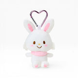 White plush bunny keychain with heart clasp, pink scarf and paw pads