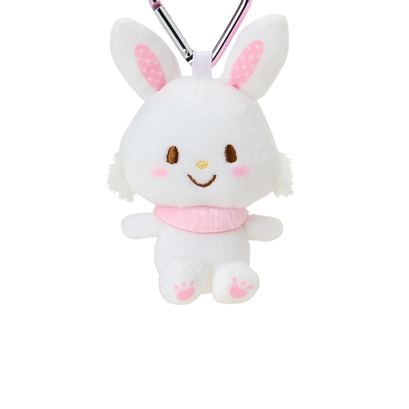 White plush bunny keychain with heart clasp, smiling face, pink scarf and bunny ears