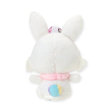 White plush bunny keychain, heart clasp at top, blue belly patch and pink scarf