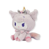 The Sanrio Kuromi Plush - Unicorn captivates Hello Kitty enthusiasts with its whimsical charm, featuring purple eyes, a unicorn horn, fluffy ears, and a tail against a white background.