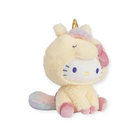 Introducing the enchanting Hello Kitty Plush - Unicorn: a delightful plush toy featuring a cat dressed in a unicorn costume, adorned with a pink bow and colorful tail. Its closed eyes and pink paws enhance its charm, making it an ideal gift. Imagine it as your personal Hello Kitty Plush - Unicorn, perfectly set against a crisp white backdrop.