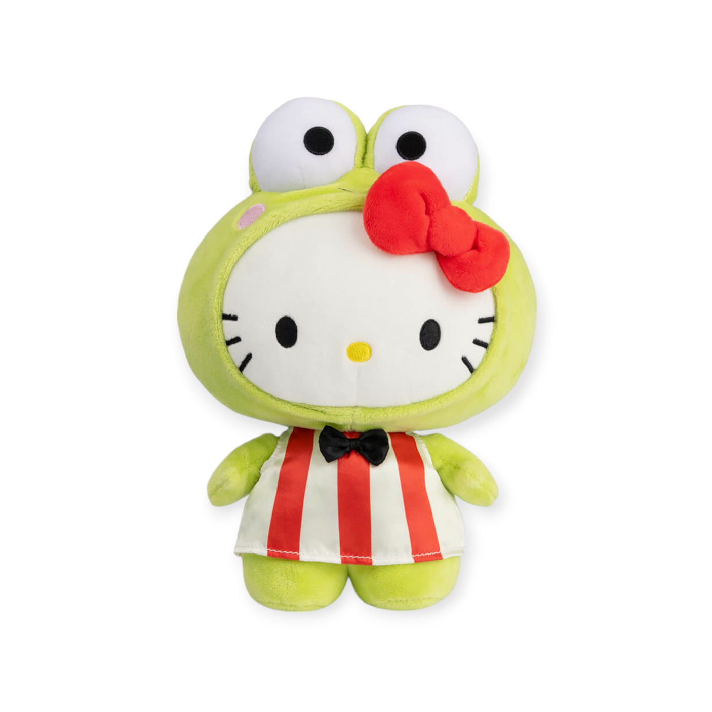 The Hello Kitty Plush - Keroppi Costume, from the Hello Kitty brand, is a beloved Sanrio favorite. It features a charming green Keroppi ensemble with big eyes, a red bow, and a striped outfit, creating an adorable blend of cherished characters that is sure to delight fans.