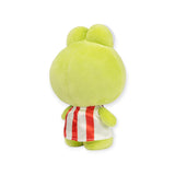 Rear view of the Hello Kitty Plush dressed in a Keroppi costume with a red and white striped shirt, set against a plain white background.