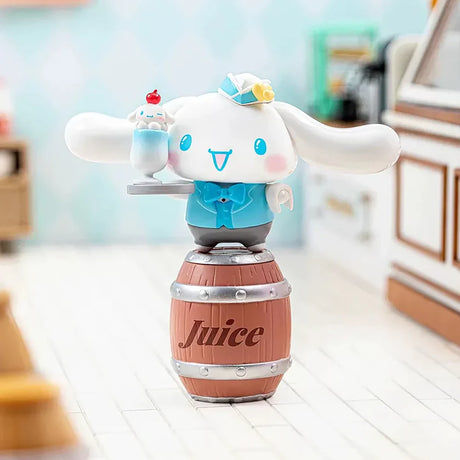 White cartoon character with long ears in a blue outfit and hat holding a drink, standing on a barrel labeled "Juice