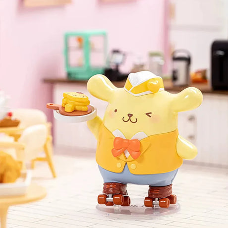 Figure of a smiling yellow character in a yellow vest and blue pants on roller skates holding a tray with a pancake stack