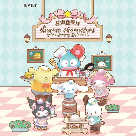 Five Sanrio characters in chef outfits with desserts and drinks in a pastel roller skating restaurant setting