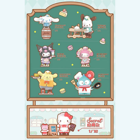 Six cute cartoon characters in chef or food-themed outfits displayed on a decorative board with pastel colors