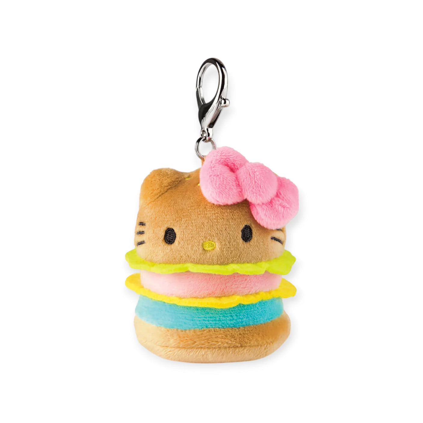 This Hello Kitty Snack Plush - Blind Bag keychain is crafted like a playful burger with pink, yellow, and teal layers, topped with a cute pink bow—perfect for Sanrio fans!.