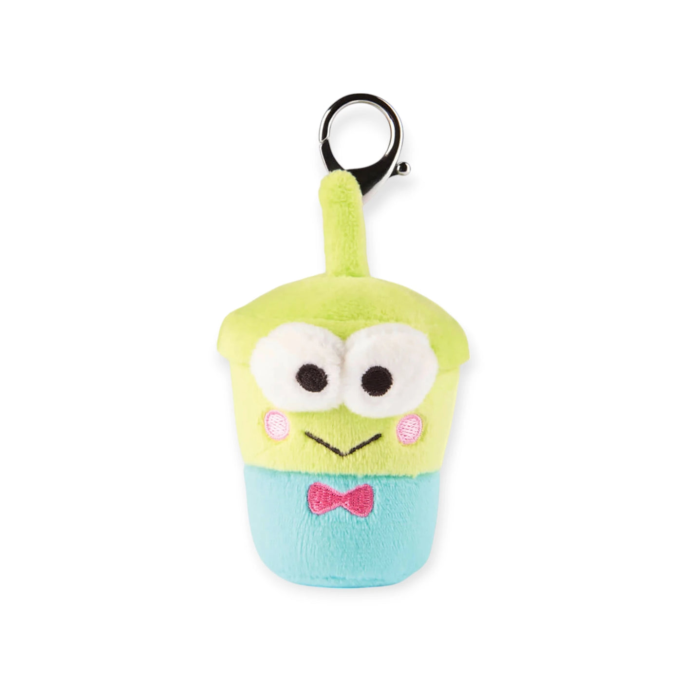 The Hello Kitty Snack Plush - Blind Bag features a green alien-shaped keychain with big eyes, pink cheeks, and a pink bow tie, resembling a drink with a straw. A whimsical addition to your Hello Kitty collection!.