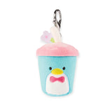 Charming Hello Kitty keychain showcasing a plush penguin in a blue cup with a pink lid, adorned with a small straw and fabric flower, and includes a metal clip.